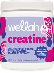 Wellah creatine frontal del envase mostrando 50 servicios y beneficio de conveniencia