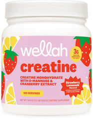 Wellah creatine frontal del envase mostrando diseño y sabor fresa-limonada