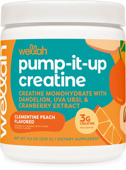 Wellah creatina para mujeres, botella con sabor mandarina-durazno, ideal para entrenamiento diario