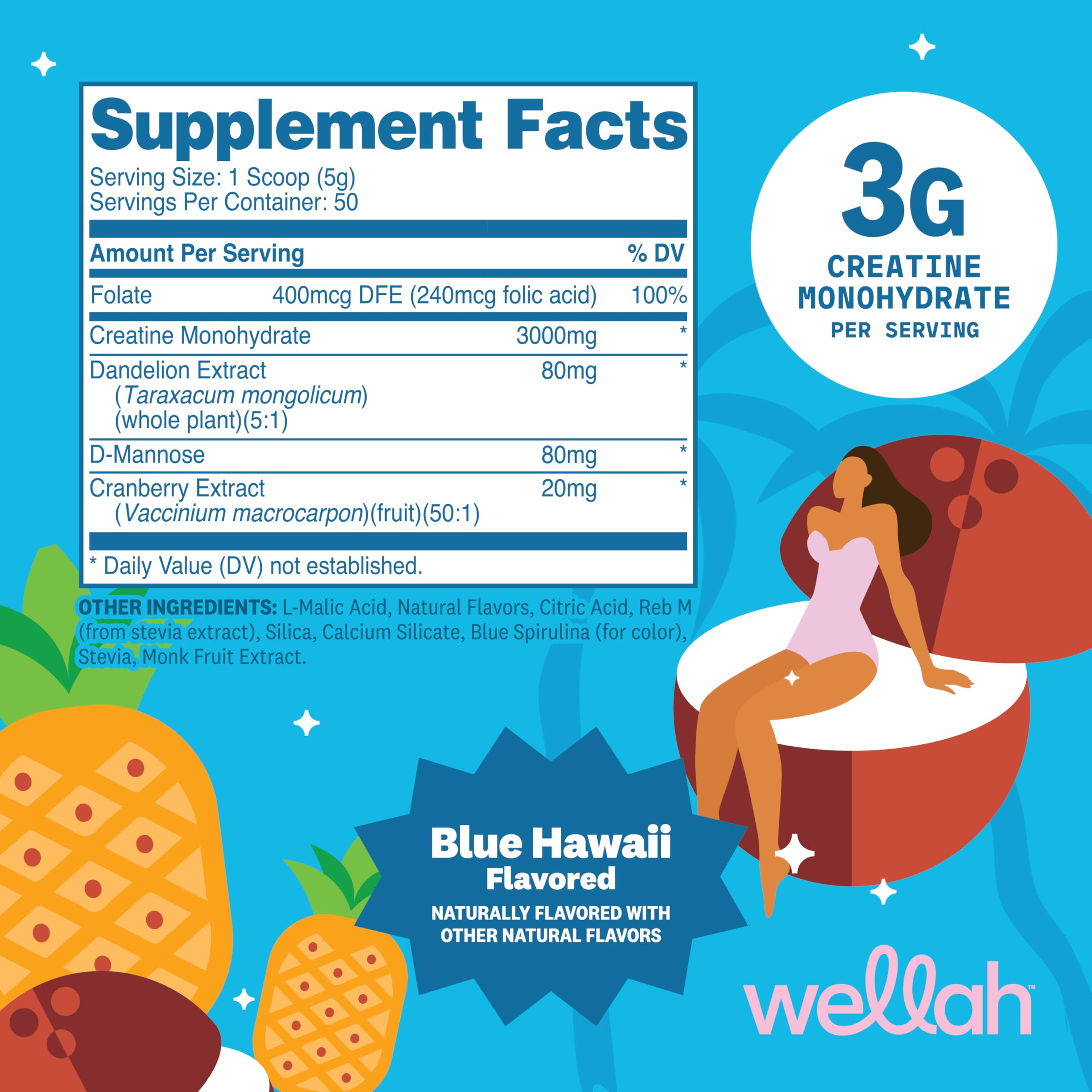 Textura del polvo Wellah Creatine Blue Hawaii en primer plano, mezcla fácil y sin grumos