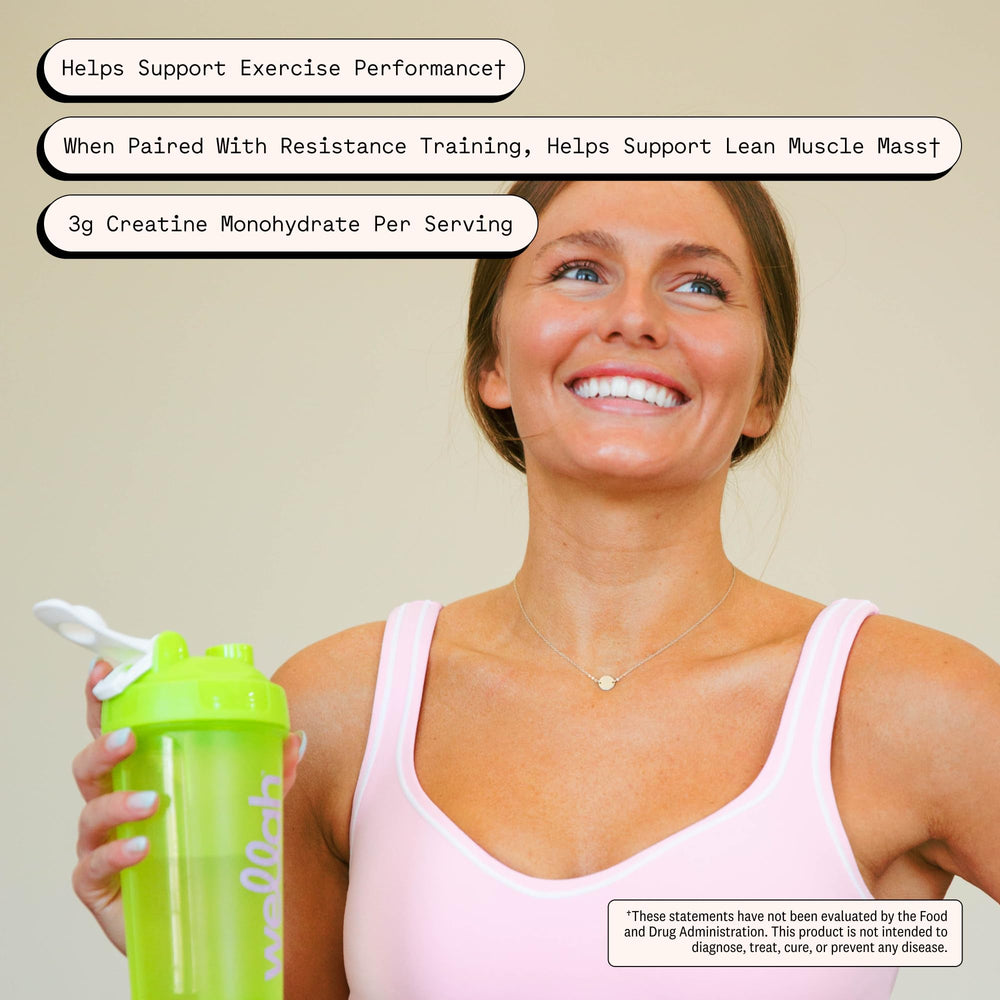 Envase abierto mostrando 50 servicios de Wellah Creatine para uso prolongado