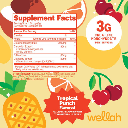 Wellah creatine primer plano del polvo Tropical Punch, textura fina y mezclable