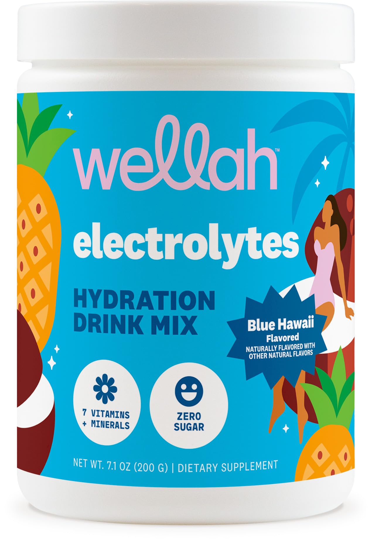 Wellah envase frontal Blue Hawaii mostrando 50 porciones y beneficio de duración