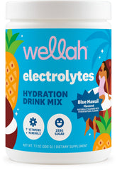 Wellah envase frontal Blue Hawaii mostrando 50 porciones y beneficio de duración