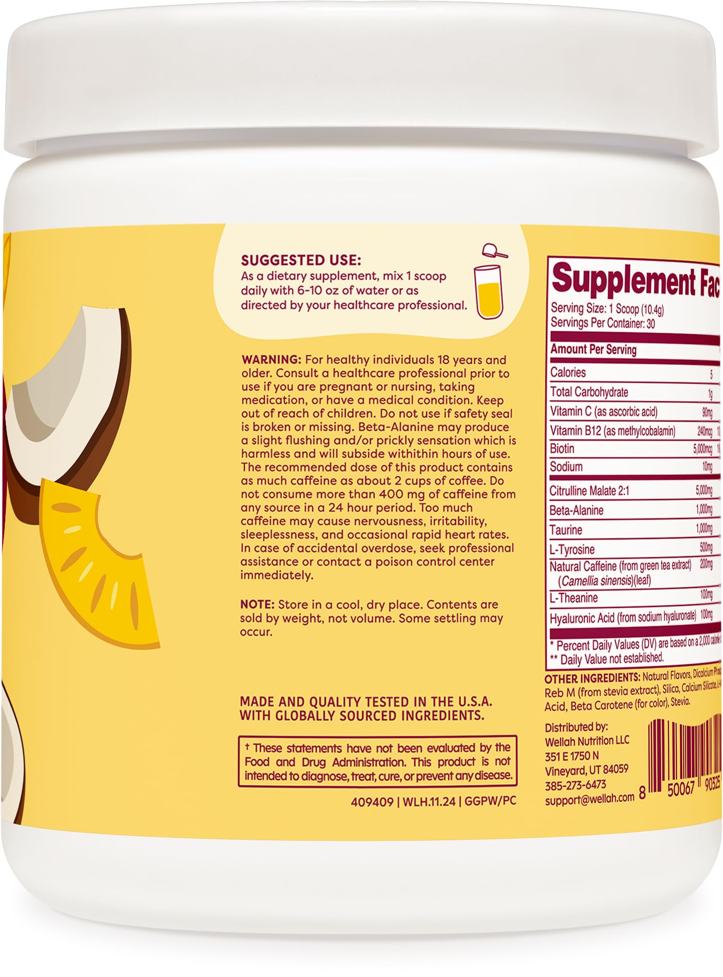 Wellah Get-Going served glass shows pina colada color for refreshing training.