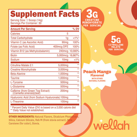 Wellah pre-entrenamiento cafeína-200mg, energía rápida para sesiones.