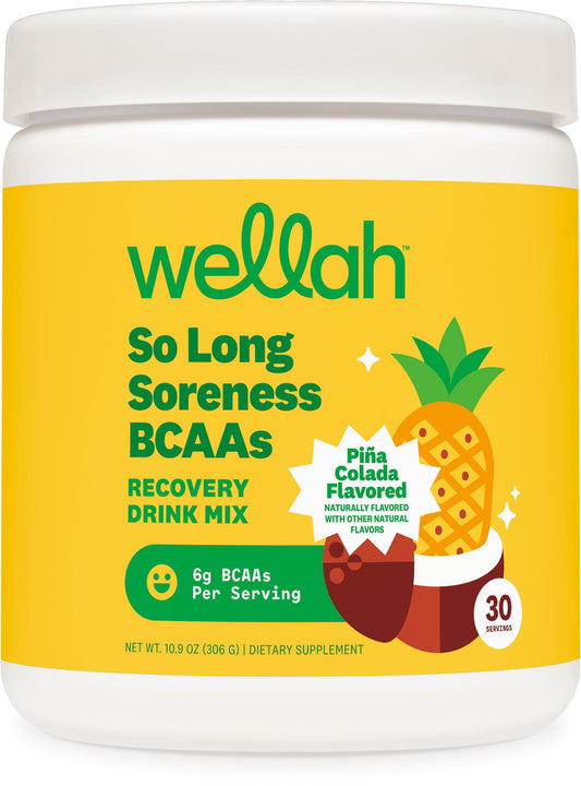 Wellah So Long Soreness BCAA en bote, sabor piña colada, para recuperación diaria.