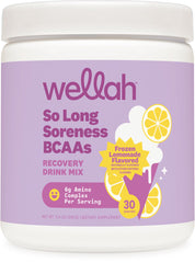 Wellah So Long Soreness BCAA, polvo en bote, sabor limón, ideal para uso diario.