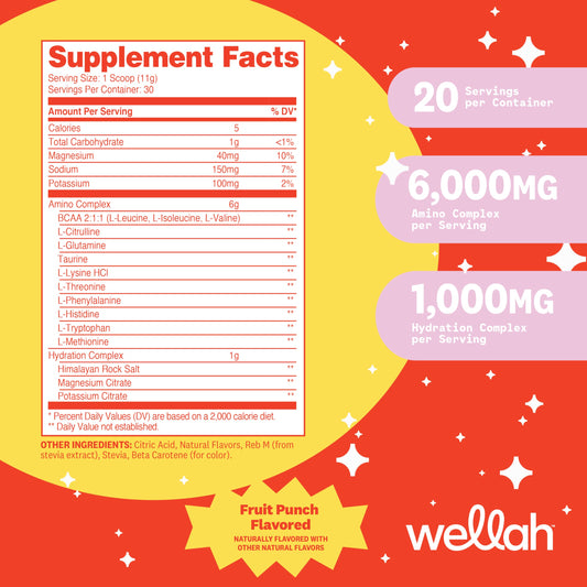 Contenido de Wellah So Long Soreness BCAA Powder con dosificador para mezclar