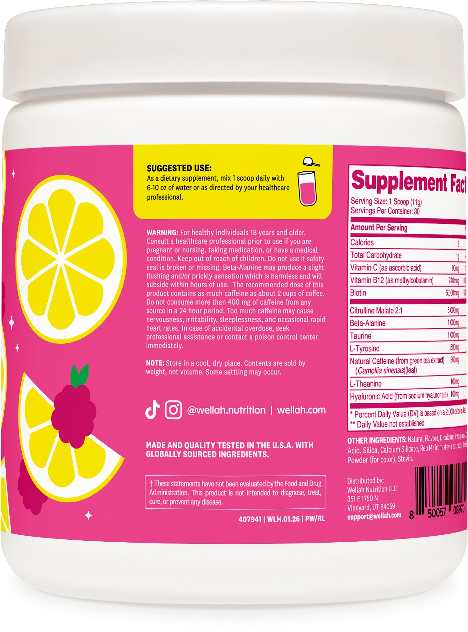 Vaso preparado Wellah Raspberry Lemonade con hielo para hidratación rápida