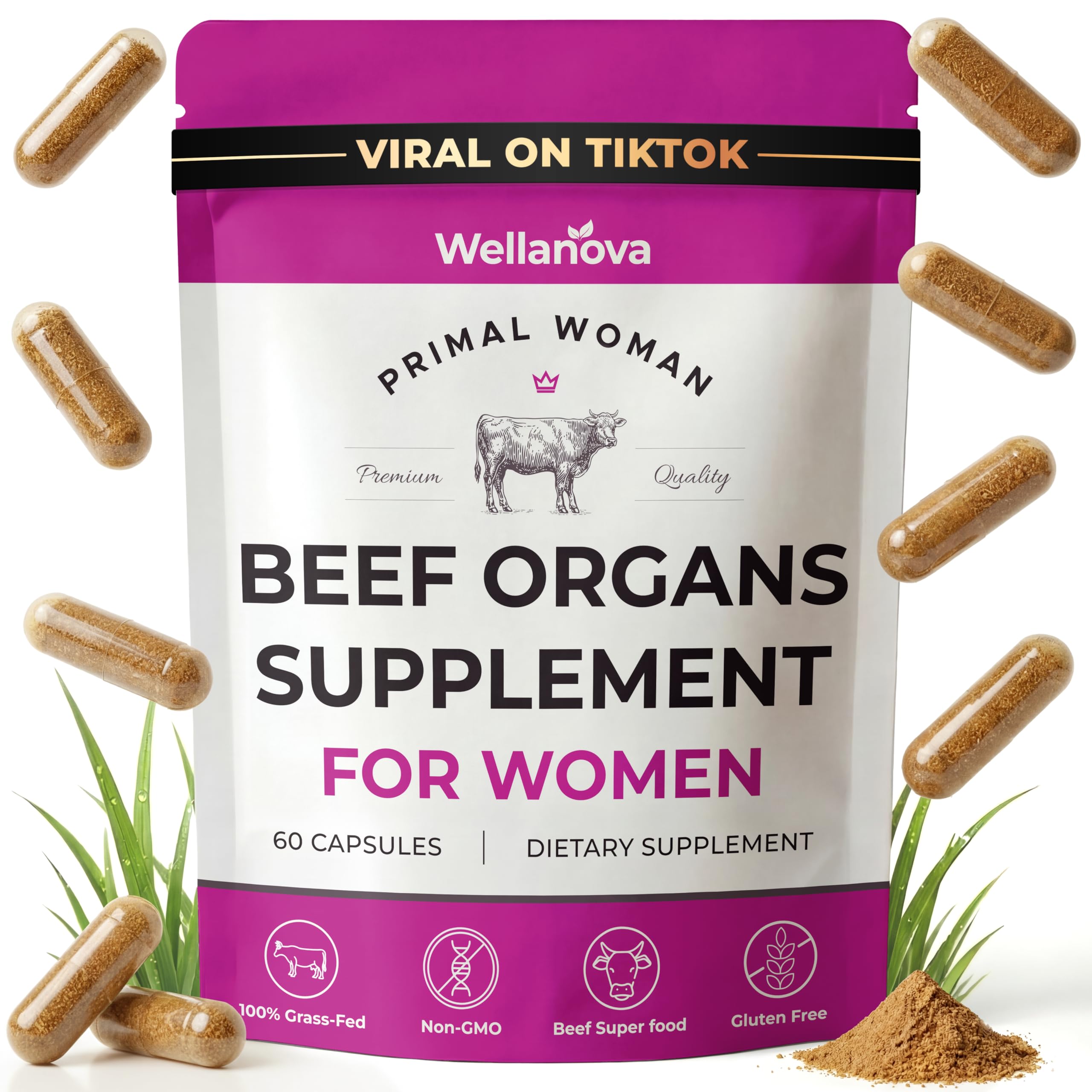 Wellanova paquete frontal mostrando cápsulas y branding, confianza en origen