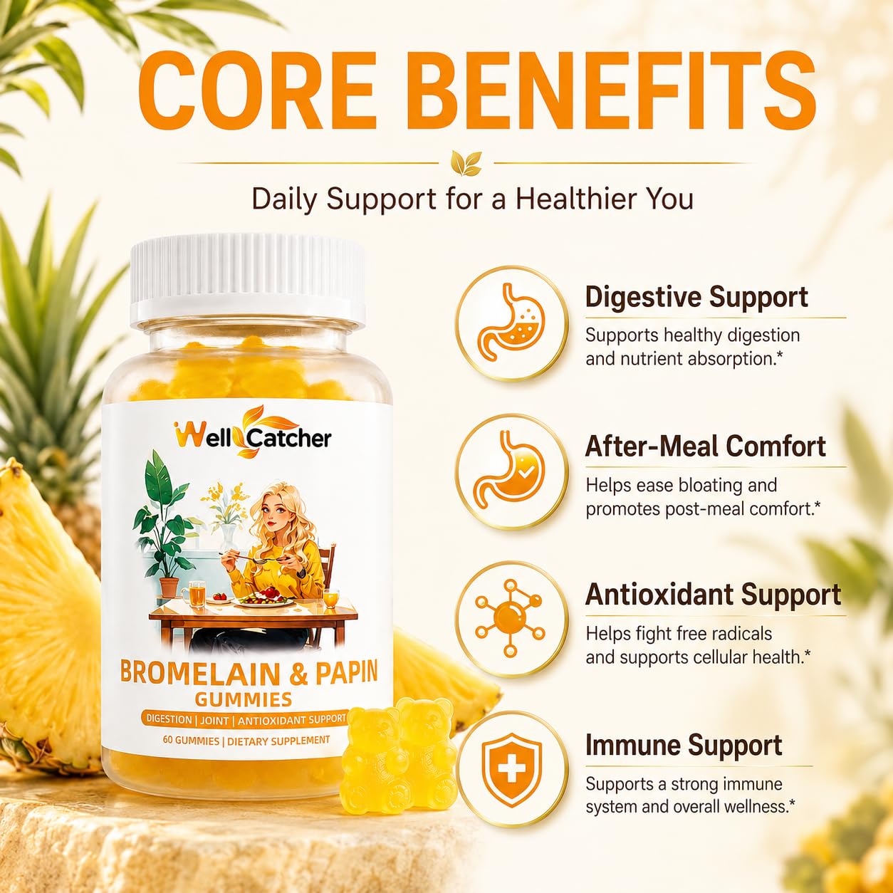 Wellcatcher primer plano de gomita resaltando sabor piña y conveniencia