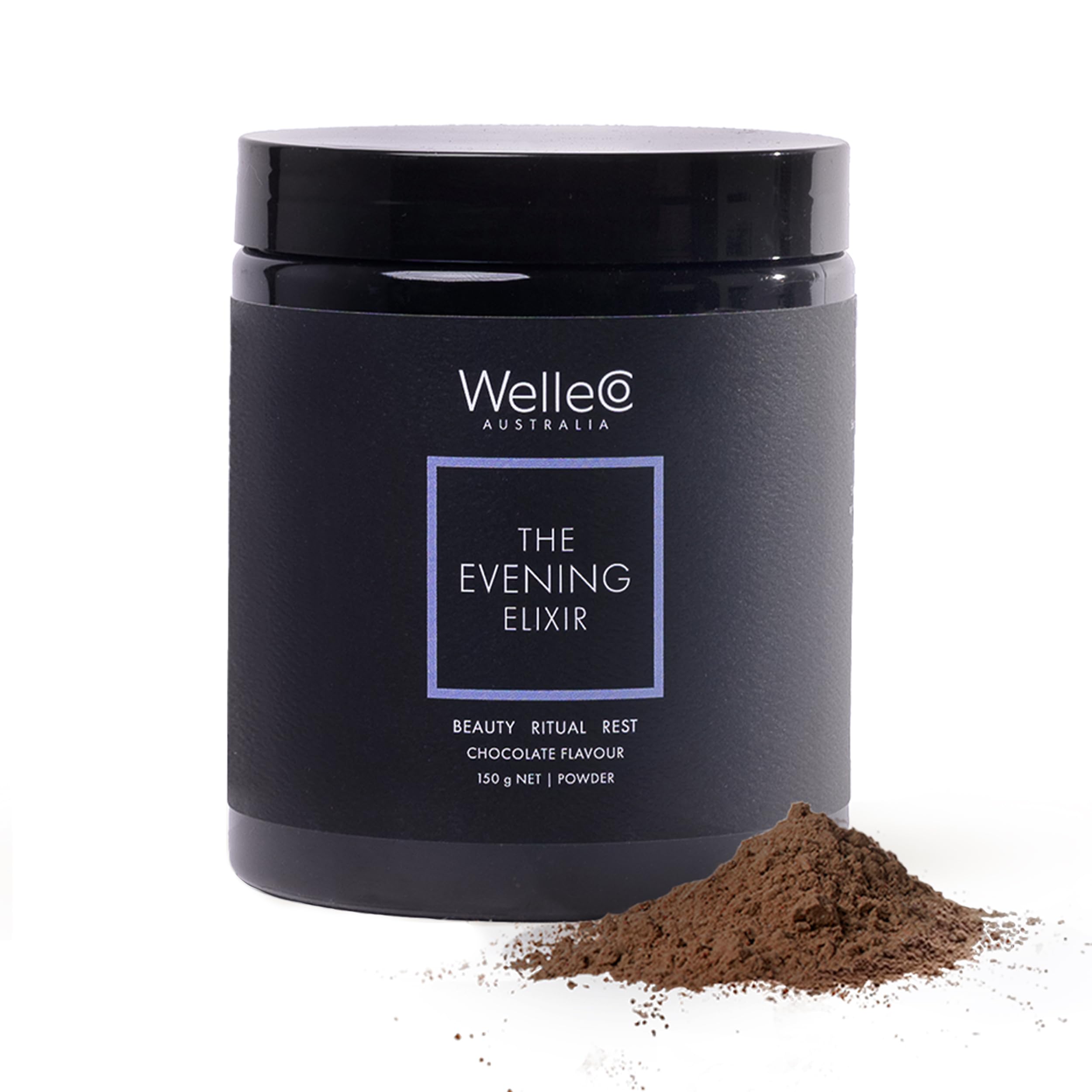 WelleCo envase frontal del Evening Elixir mostrando diseño y beneficios