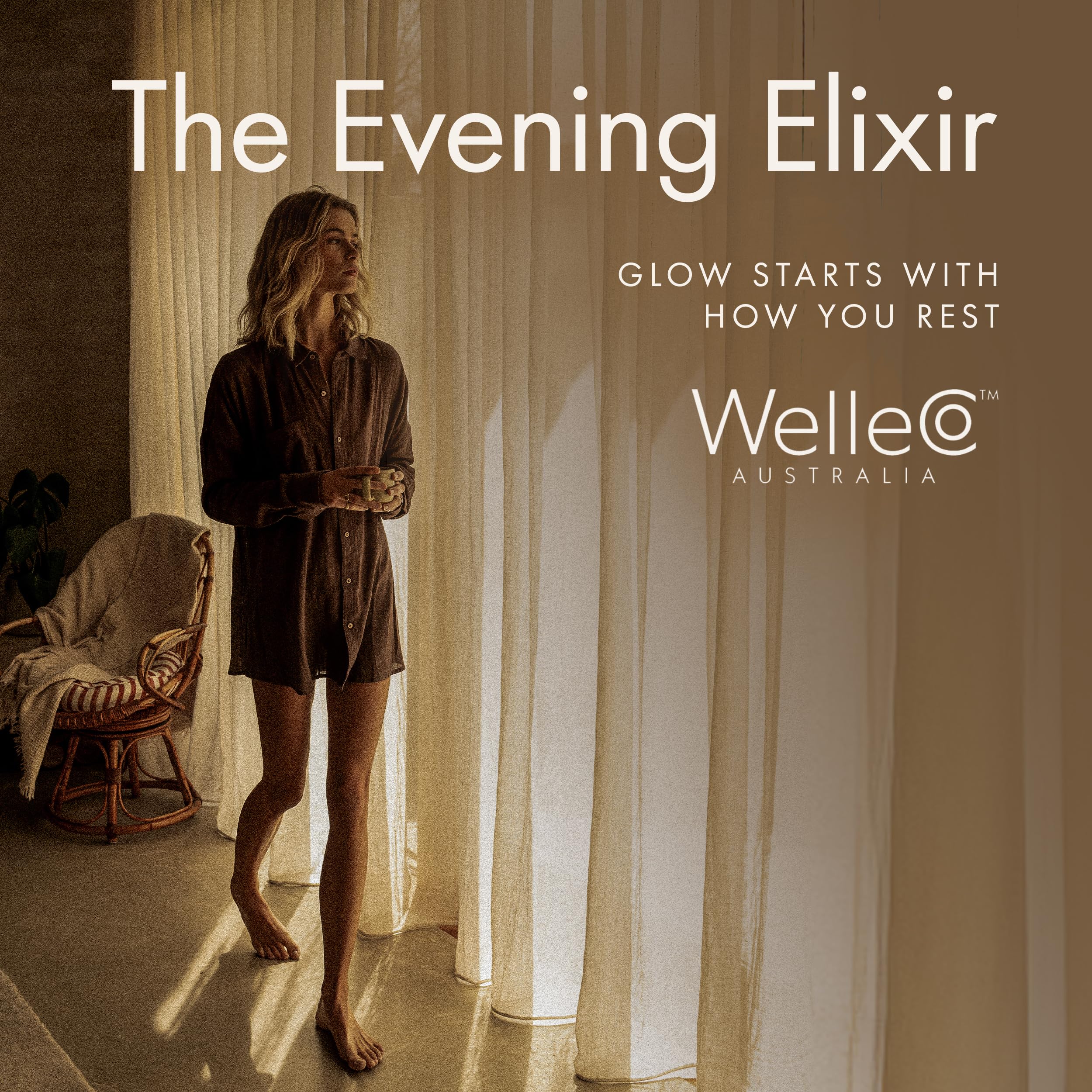 WelleCo vaso con leche vegetal y Evening Elixir listo para tomar