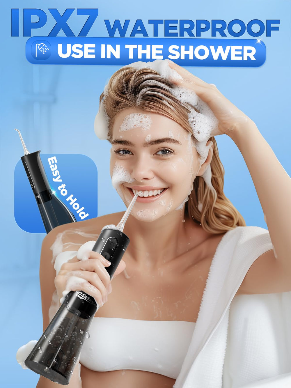 WELLFINE irrigador en uso con brackets limpieza segura alrededor de aparatos