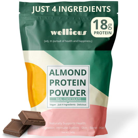 wellious envase frontal mostrando marca y sabor chocolate, beneficio claridad de ingredientes
