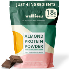 wellious envase frontal mostrando marca y sabor chocolate, beneficio claridad de ingredientes