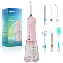 WellLeo frontal del irrigador mostrando diseño compacto y botones, facilita uso diario