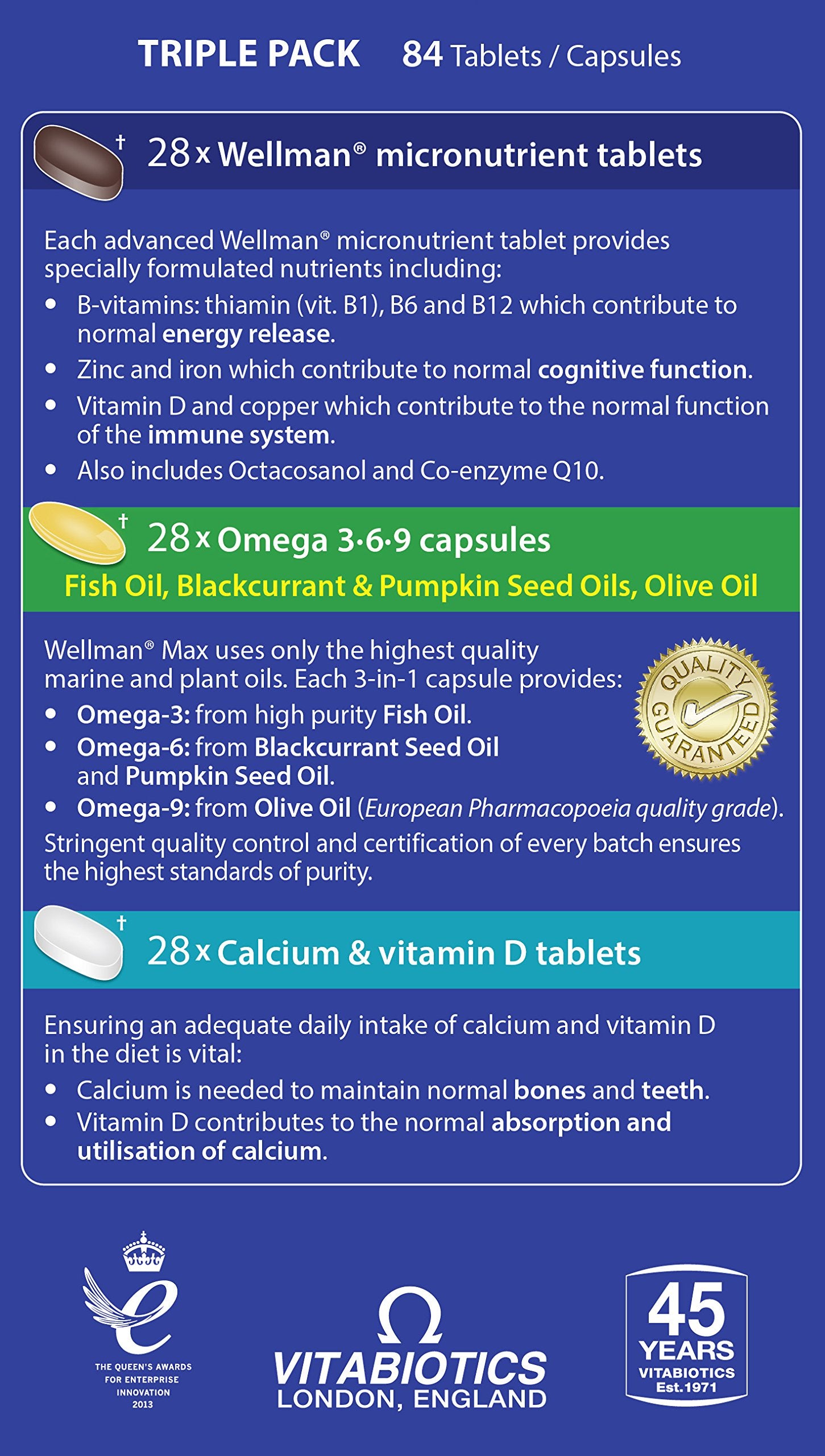 Close-up de tableta multivitamínica Wellman resaltando su formulación equilibrada