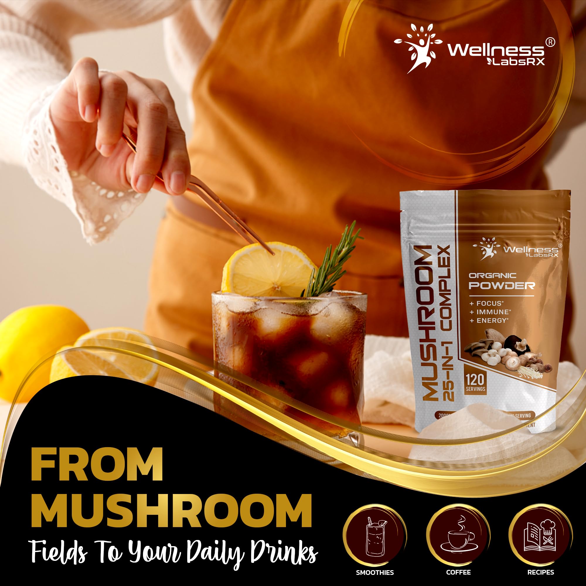 WELLNESS LABSRX primer plano de Lion's Mane seco, enfatiza soporte cognitivo natural