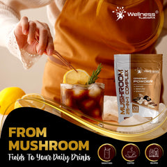 WELLNESS LABSRX primer plano de Lion's Mane seco, enfatiza soporte cognitivo natural