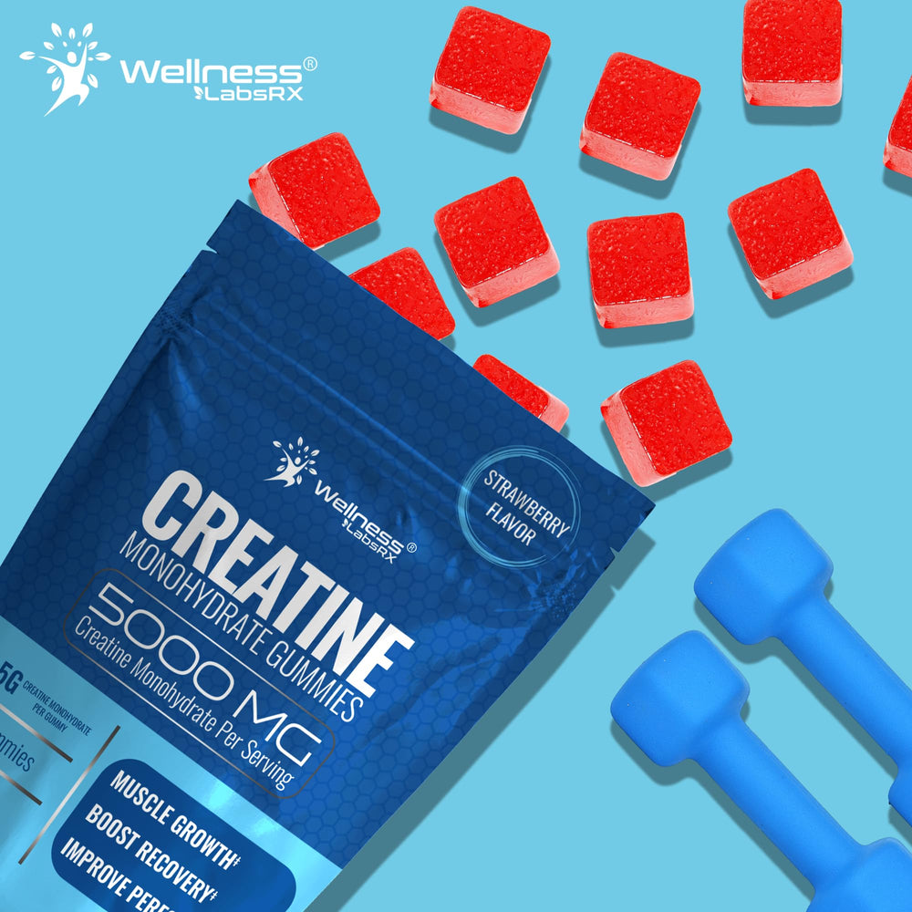 WELLNESS LABSRX gominolas en bolsa de gimnasio indicando uso pre o post entreno