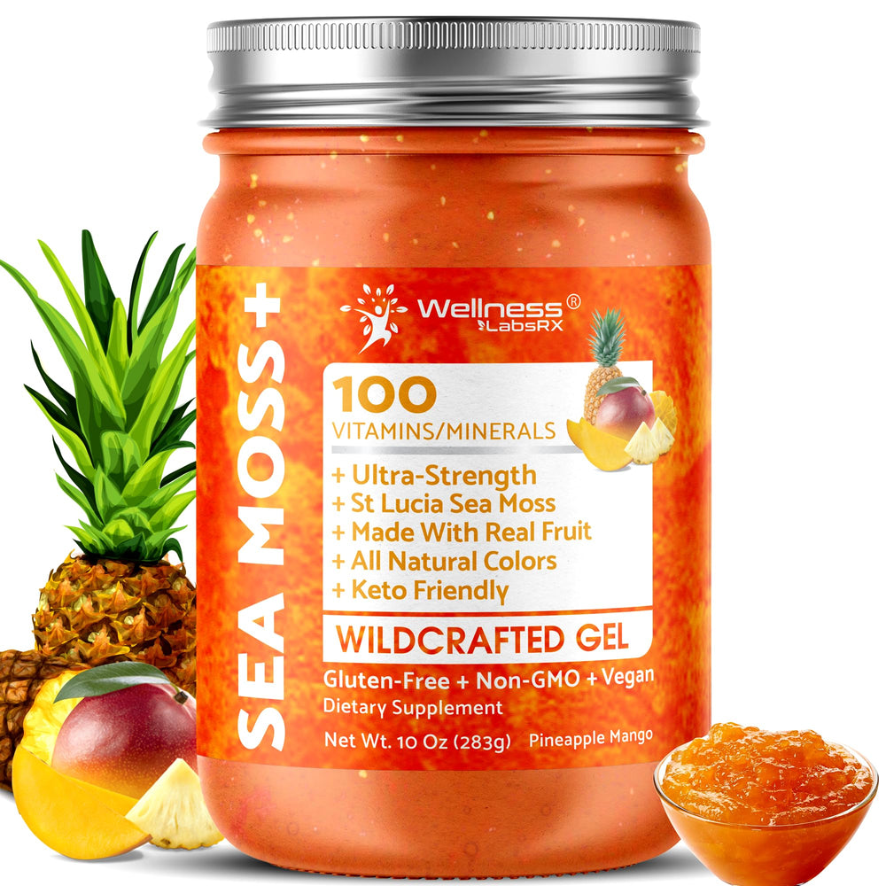 WELLNESS LABSRX frasco frontal de gel de Irish Sea Moss sabor piña-mango, práctico y natural