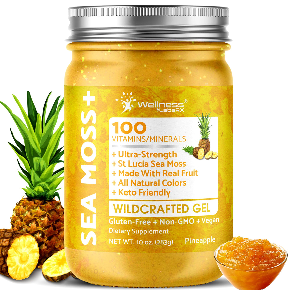 WELLNESS LABSRX envase frontal mostrando 10 oz y sabor piña, práctico y natural
