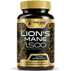 Envase WELLNESS LABSRX Lions Mane frontal mostrando 120 cápsulas y beneficio de conveniencia