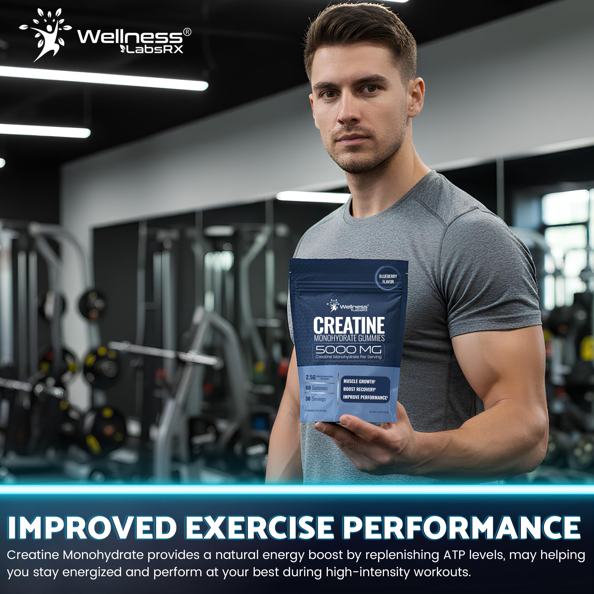 WELLNESS LABSRX gomitas en entorno de gimnasio, complemento para sesiones intensas