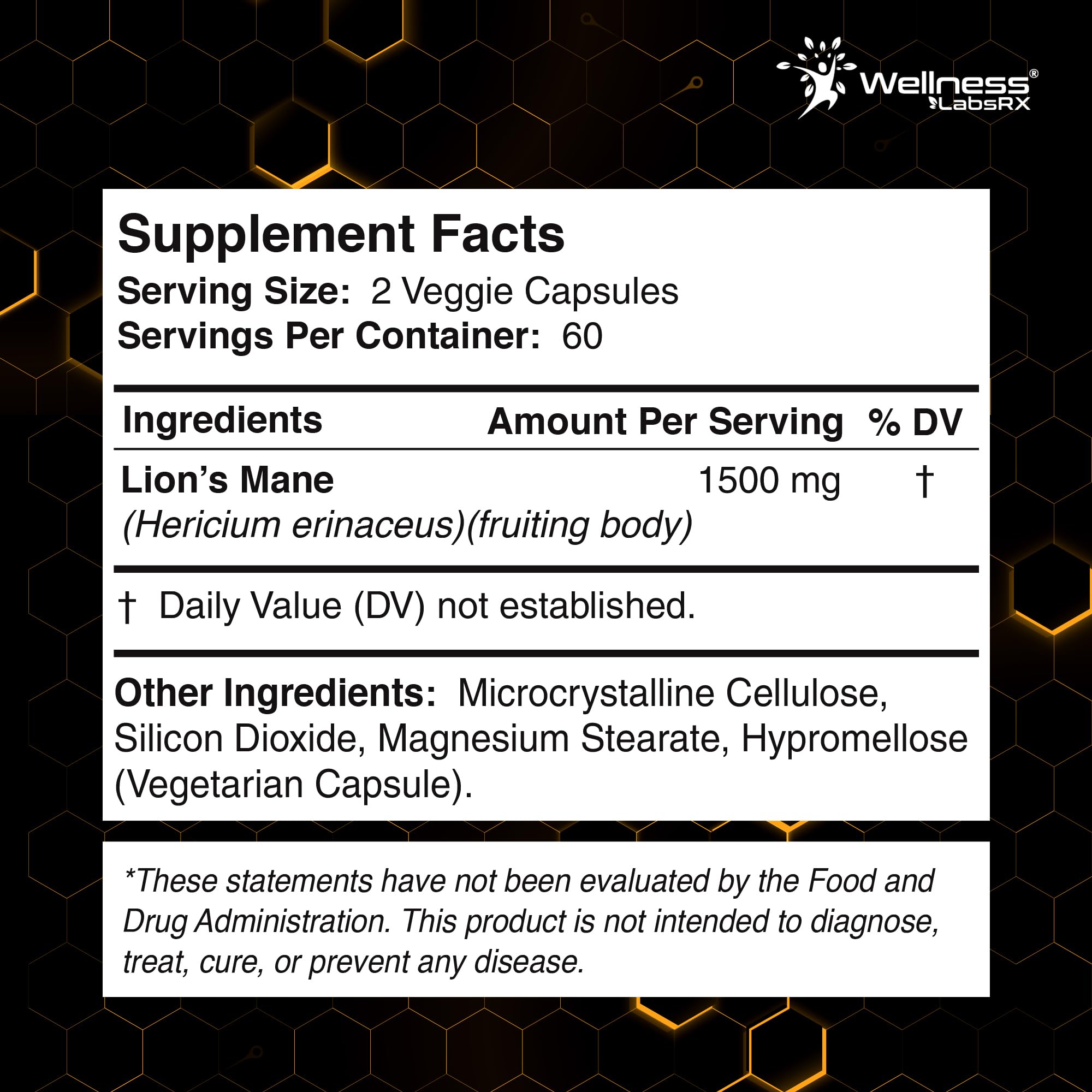 Extracto de melena de león ingrediente WELLNESS LABSRX en primer plano, mostrando origen orgánico