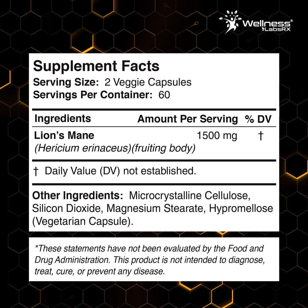 Extracto de melena de león ingrediente WELLNESS LABSRX en primer plano, mostrando origen orgánico