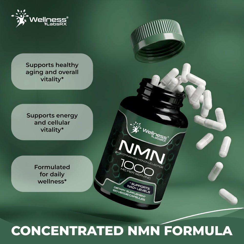 WELLNESS LABSRX polvo del ingrediente NMN en primer plano para pureza