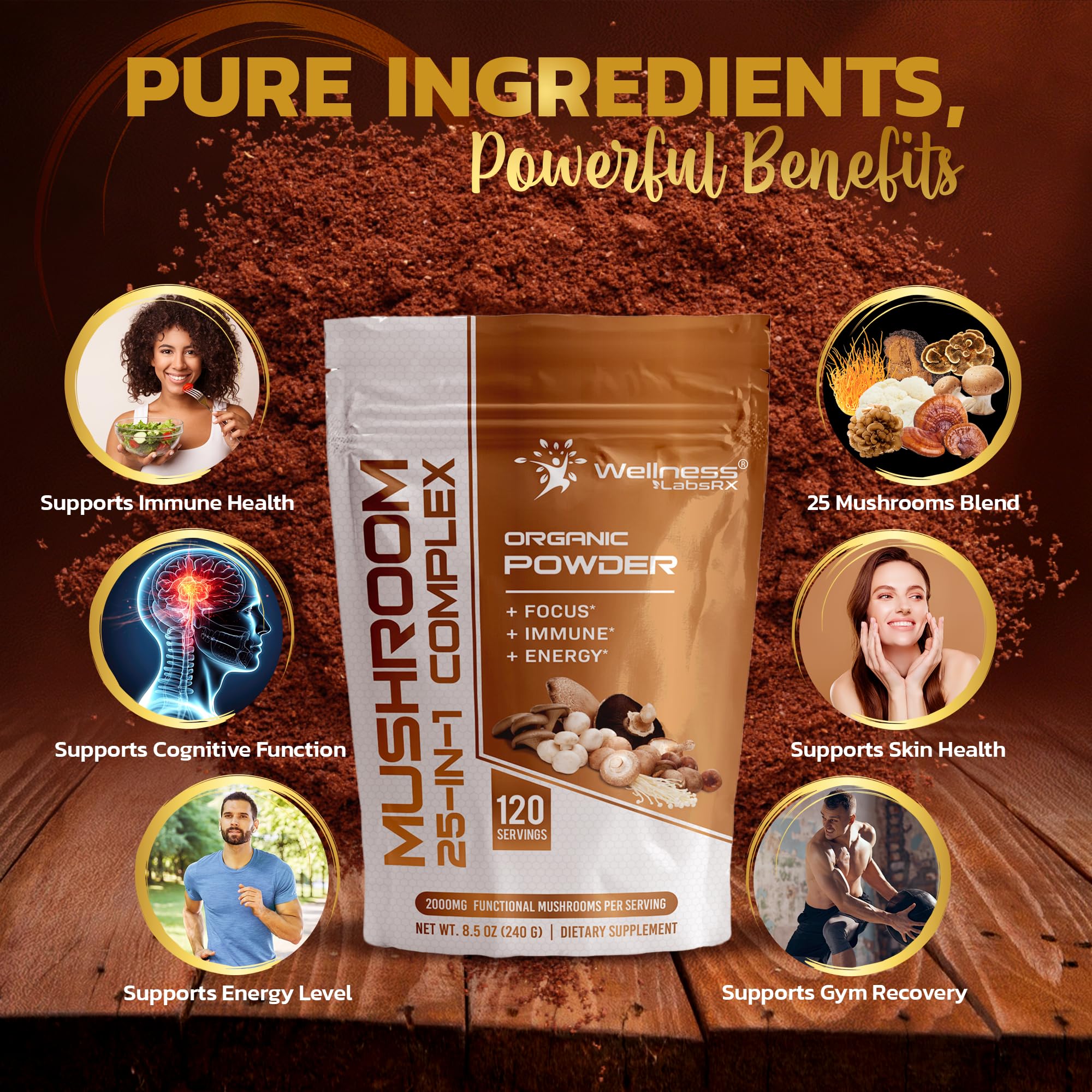 WELLNESS LABSRX latte de hongos servido en taza, imagen que sugiere consumo diario