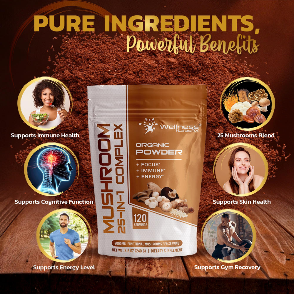 WELLNESS LABSRX latte de hongos servido en taza, imagen que sugiere consumo diario