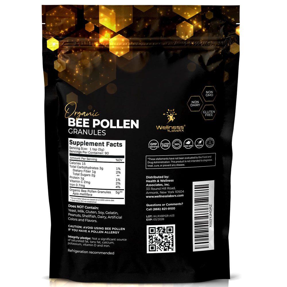 WELLNESS LABSRX textura de gránulos de polen crudo resaltando pureza y frescura