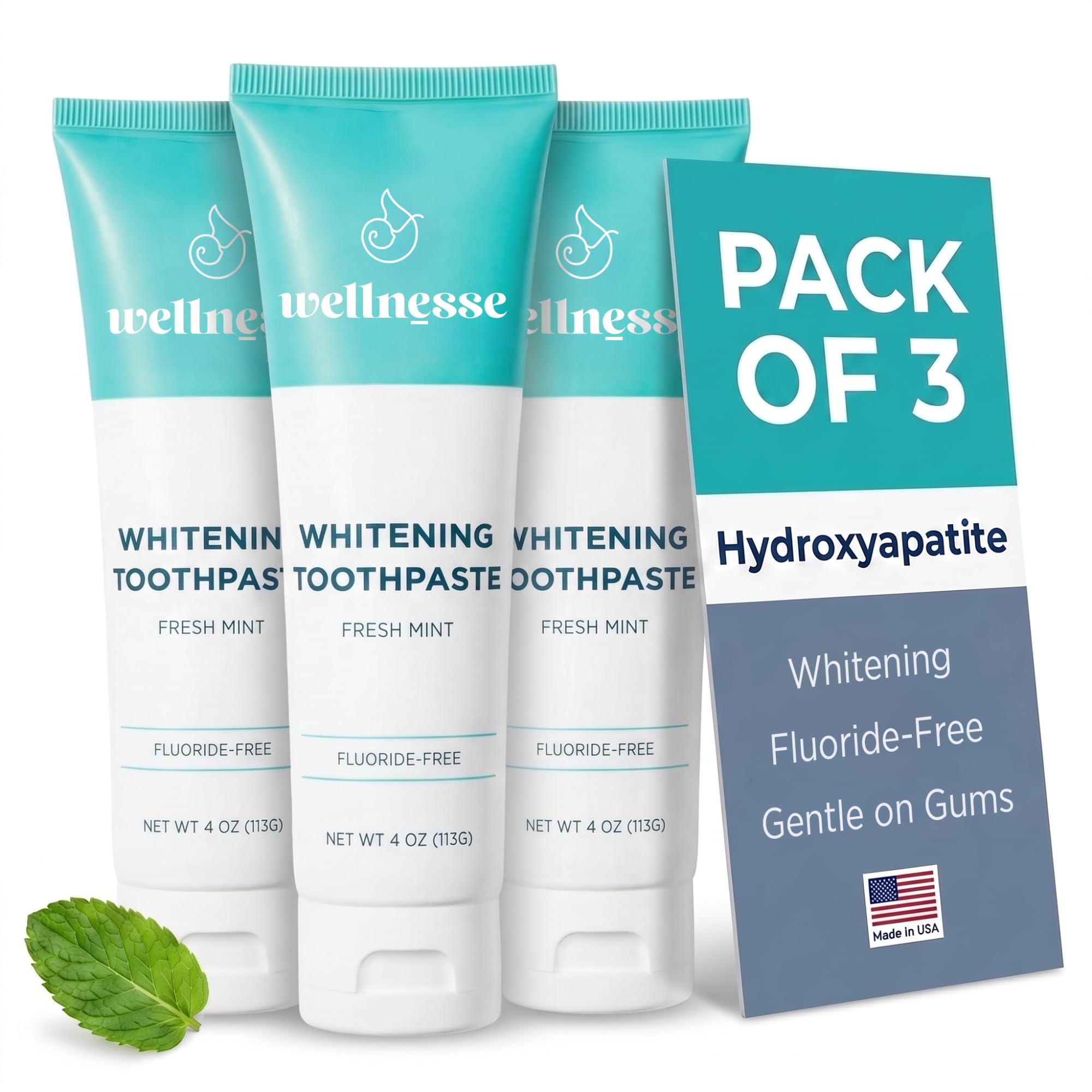 Wellnesse frente del empaque mostrando pack de 3 tubos y beneficio de cuidado del esmalte