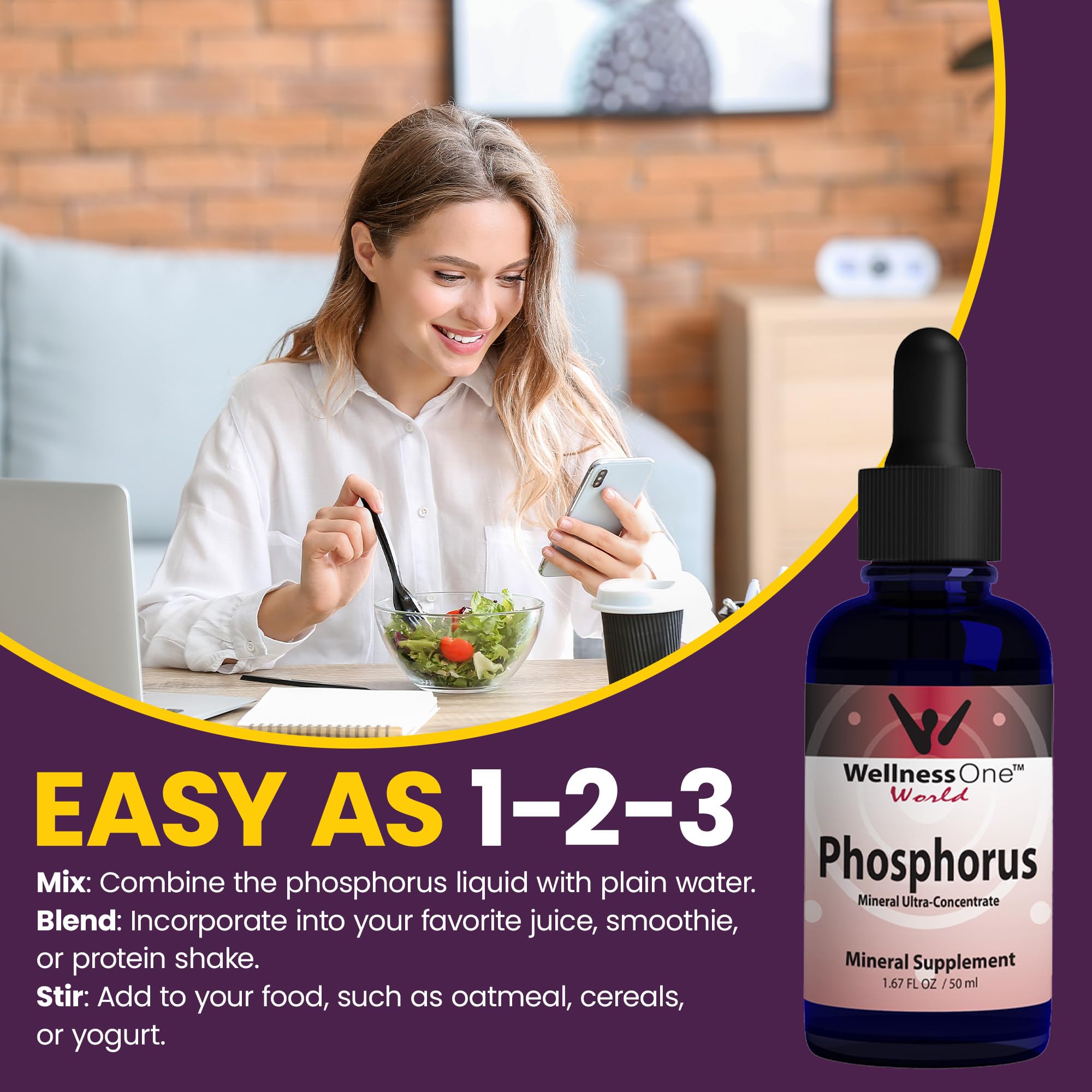 WellnessOne envase junto a vaso en cocina ilustrando uso cotidiano
