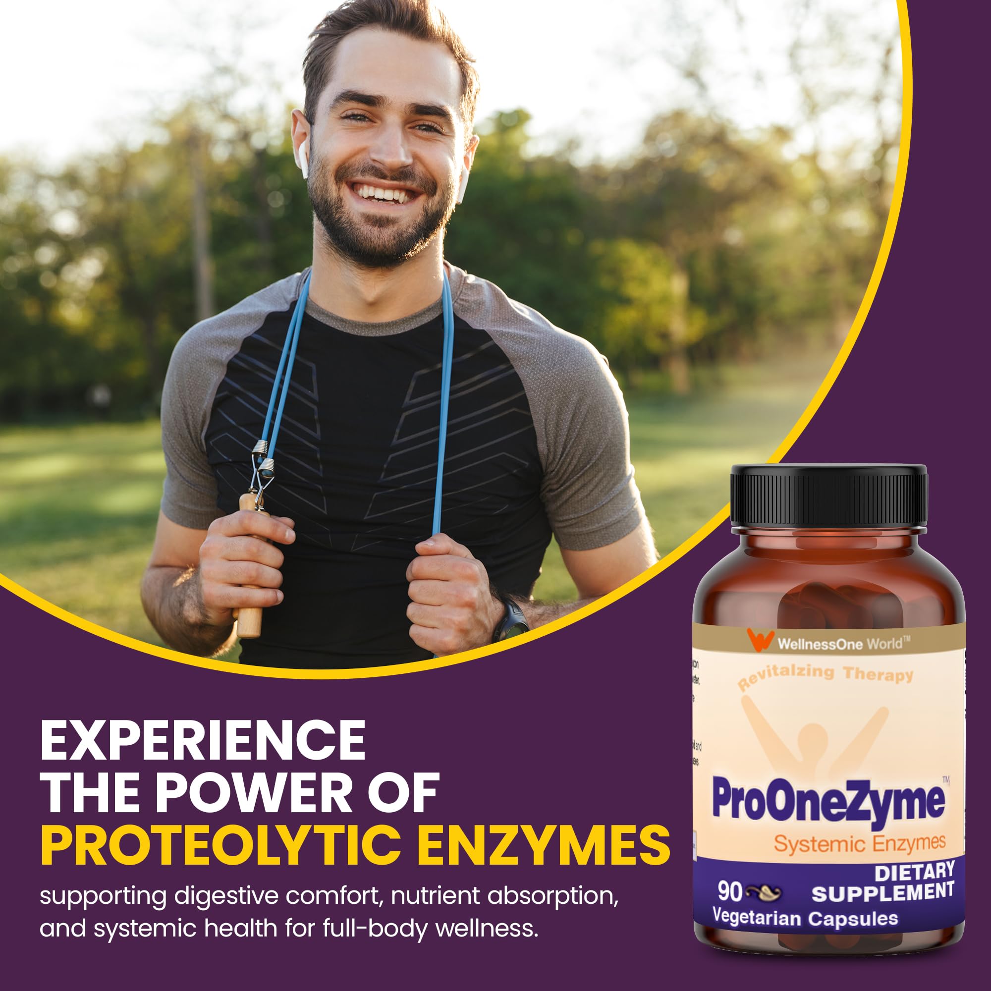 Dosage directions on WellnessOne ProOneZyme label showing empty-stomach instruction.