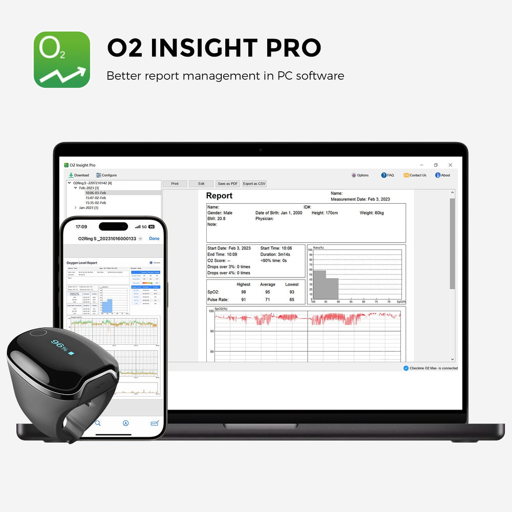 Wellue O2Ring-S app mostrando gráficas en la pantalla para análisis rápido