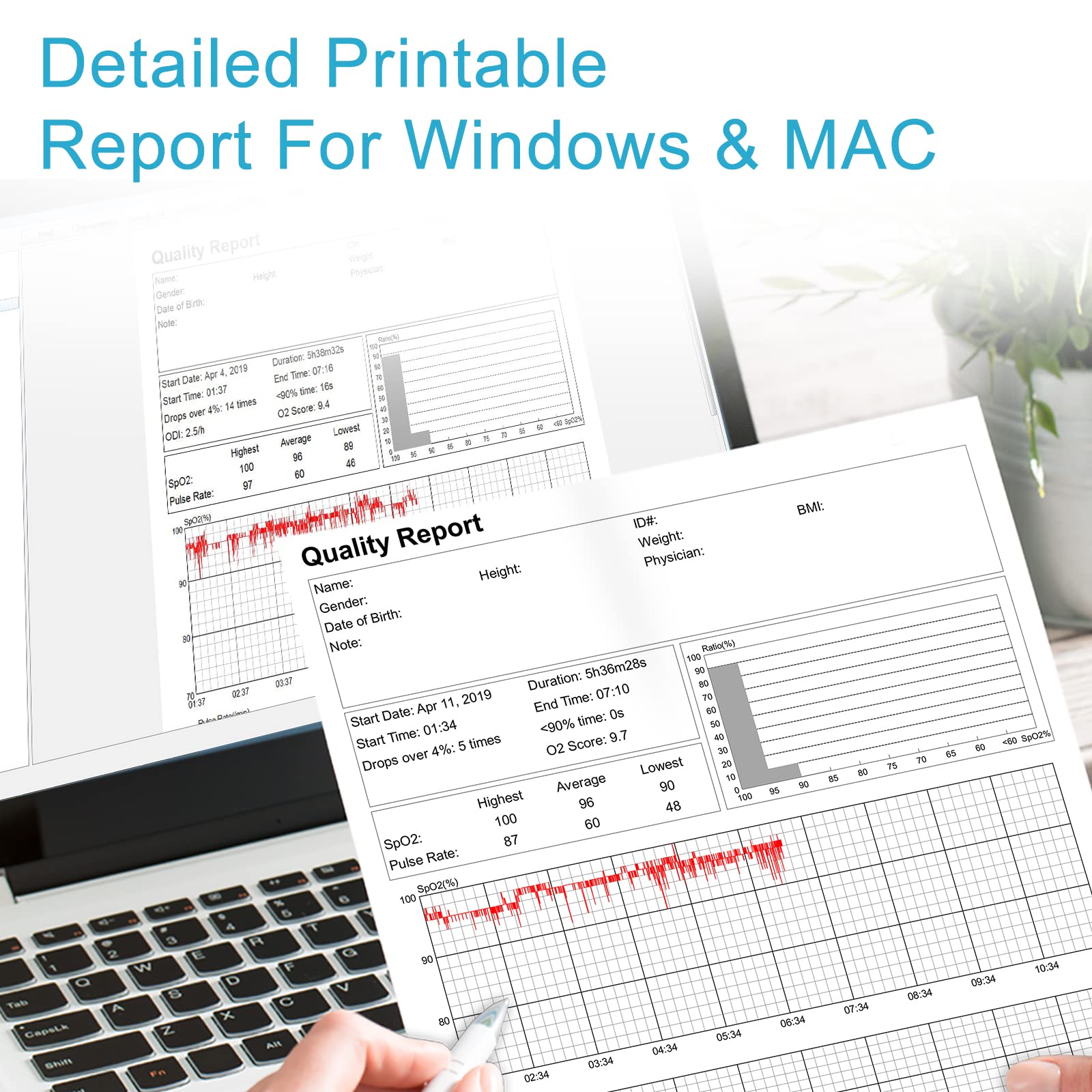 Wellue reporte en PC O2 Insight Pro con gráficos de tendencia