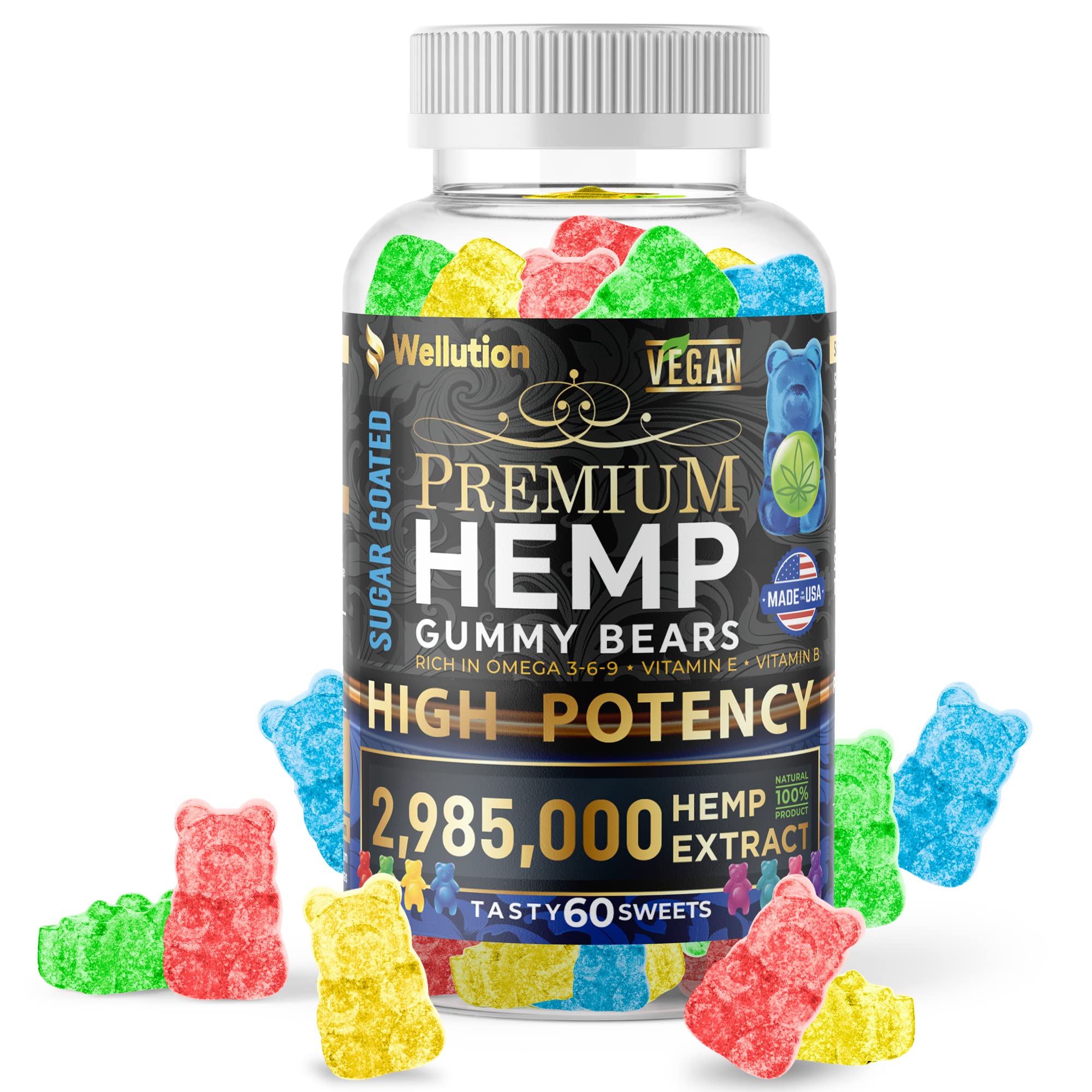 WELLUTION envase frontal 60 gomitas con diseño y ventaja de alta potencia
