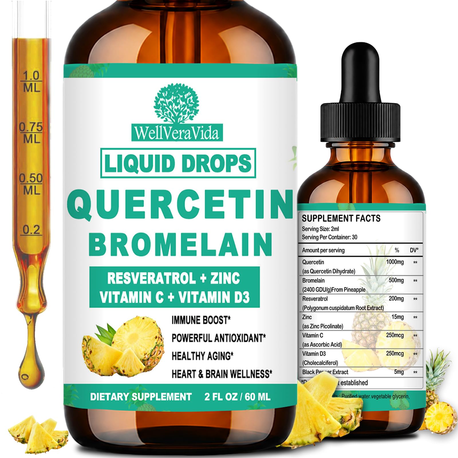 WellVeraVida frasco frontal mostrando quercetin y bromelina, fácil dosificación