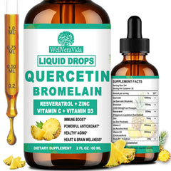 WellVeraVida frasco frontal mostrando quercetin y bromelina, fácil dosificación