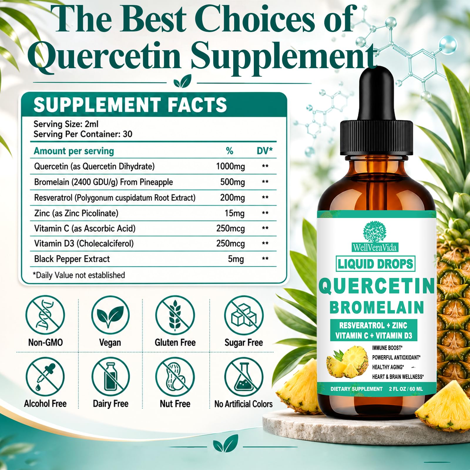 WellVeraVida piña y cítricos representando bromelina y quercetina natural