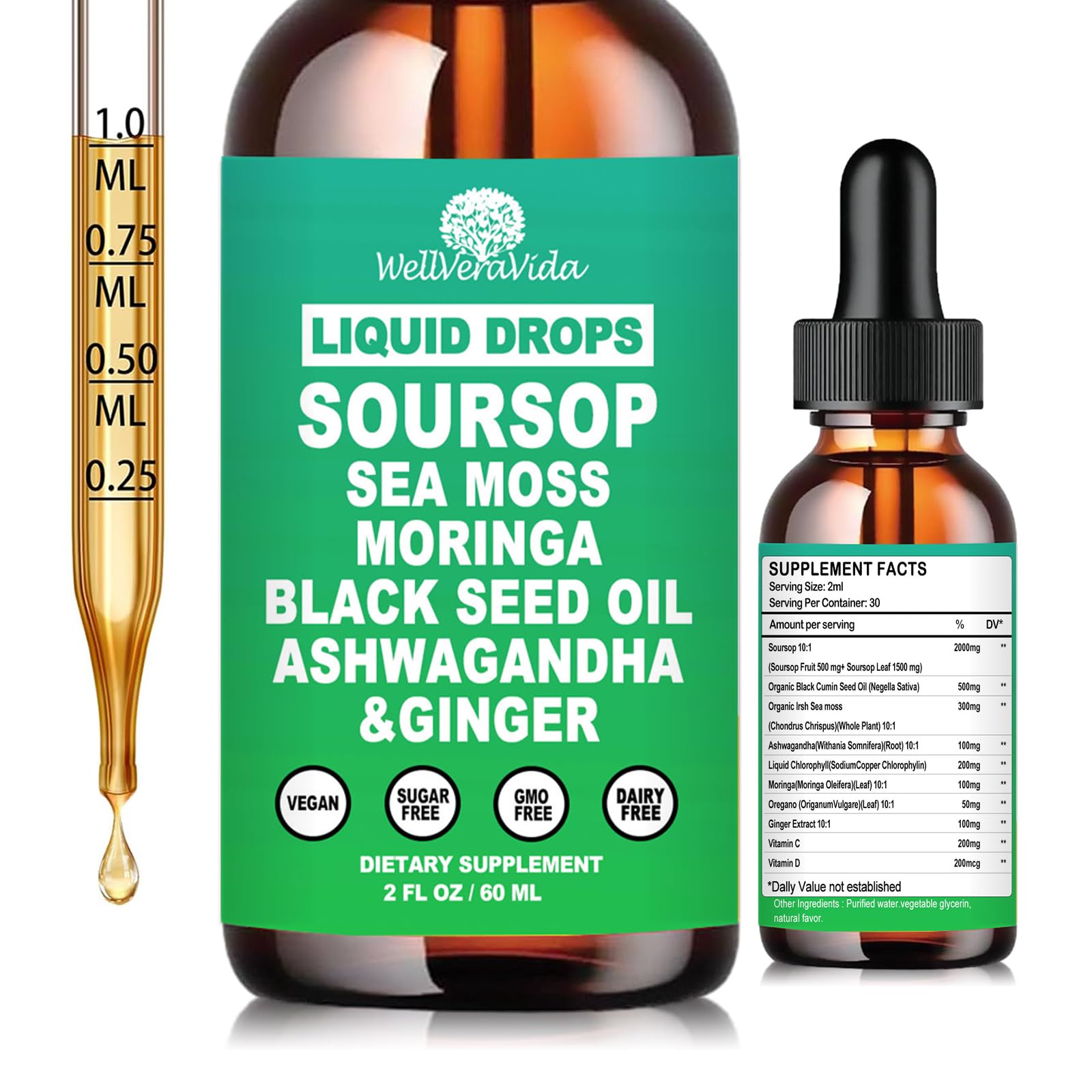 WellVeraVida producto frontal mostrando botella y marca, beneficios de dosificación rápida