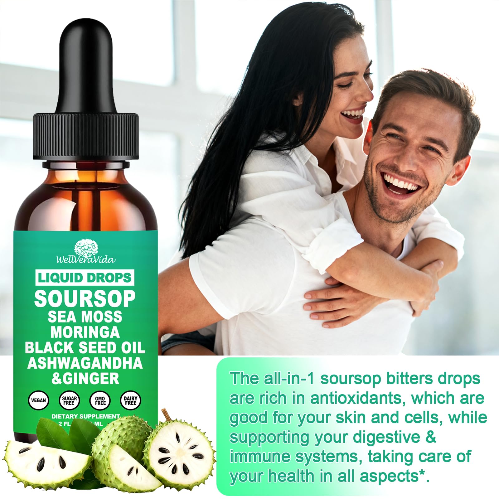 WellVeraVida ingredientes orgánicos: soursop, moringa y sea moss, apoya nutrición completa