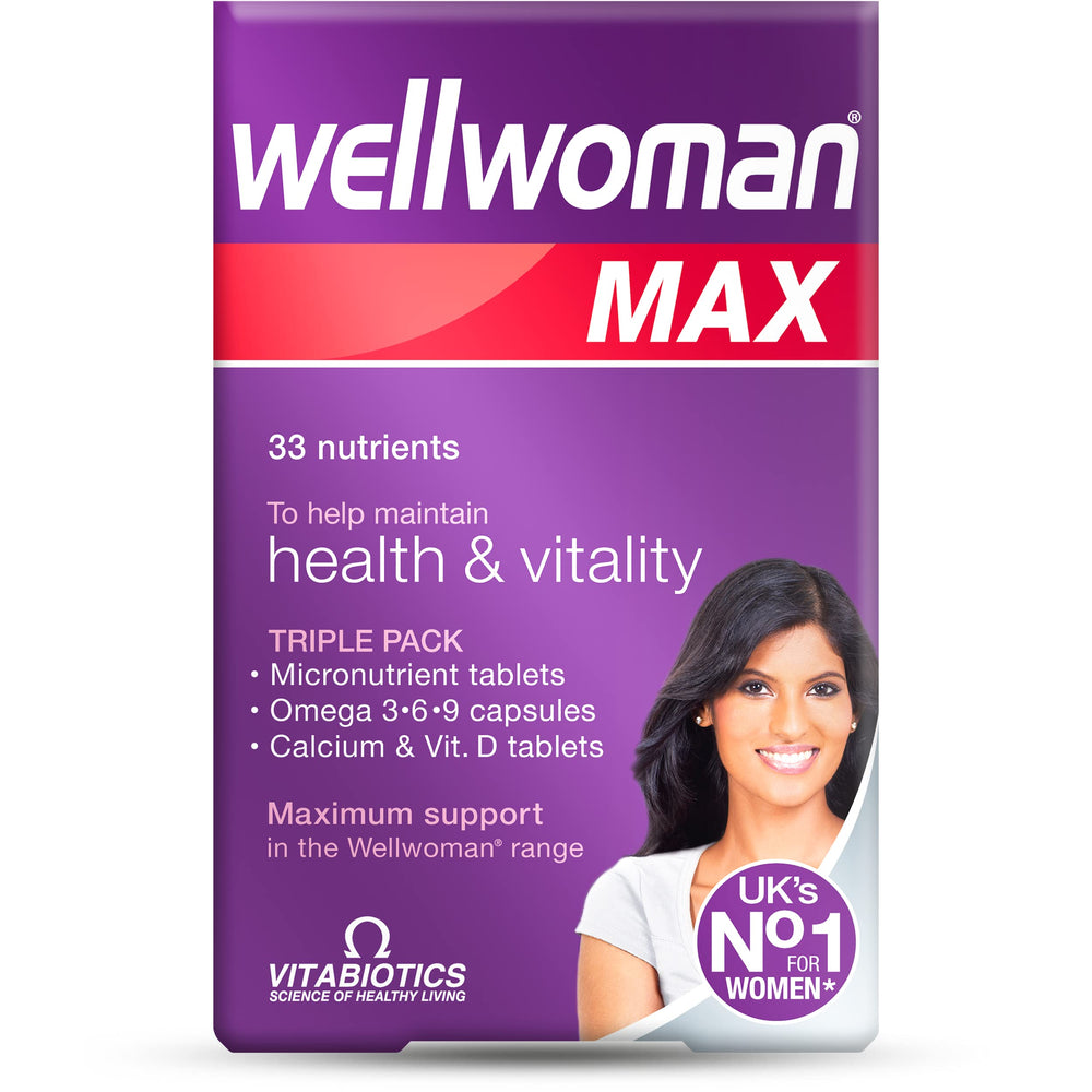 Wellwoman Max frontal del paquete mostrando el triple formato, confianza Wellwoman
