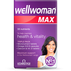 Wellwoman Max frontal del paquete mostrando el triple formato, confianza Wellwoman
