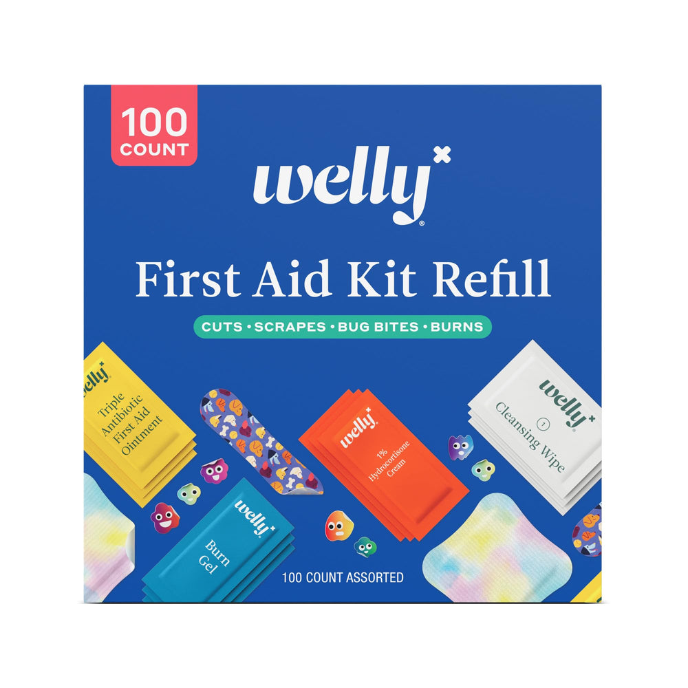 Welly caja frontal del repuesto 100 unidades mostrando contenido organizado y lista para rellenar botiquines